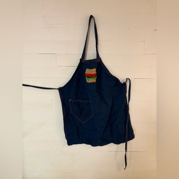 Vintage Handmade Denim Apron Cheeseburger Patch Retro Kitchen BBQ - Picture 2 of 5